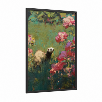 Ferret Garden framed art print — black wood frame — green and pink palette