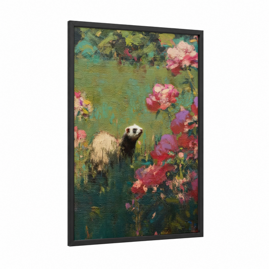 Ferret Garden framed art print — black wood frame — green and pink palette