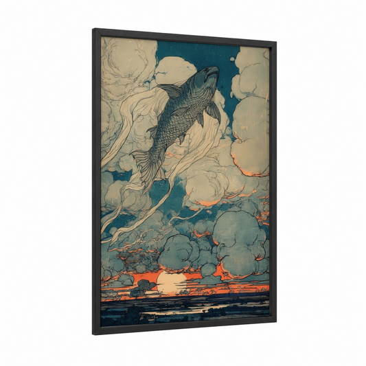Celestial Dragon Fish framed art print — black wood frame — teal and cream palette