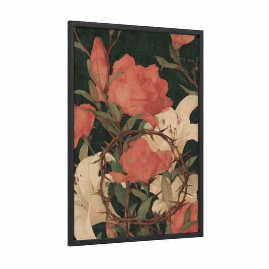 Coral Easter Roses framed art print — black wood frame — salmon pink and dark green palette