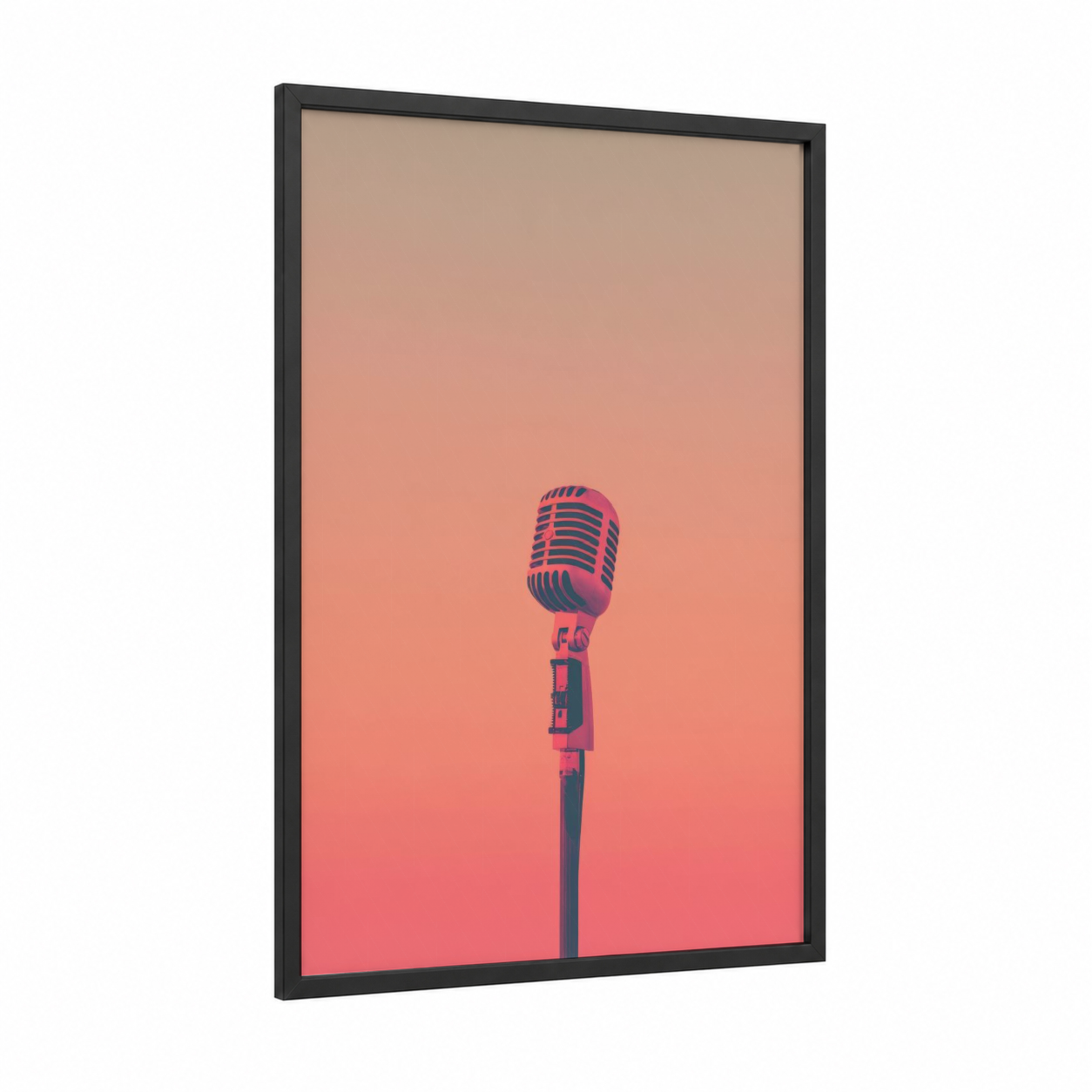 Neon Microphone framed art print — black wood frame — pink and blue palette