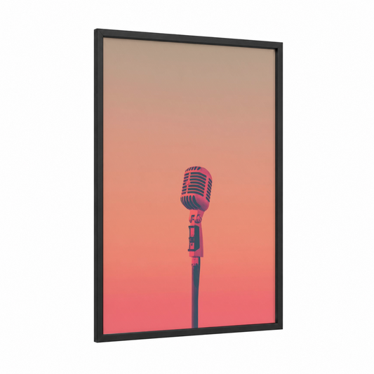 Neon Microphone framed art print — black wood frame — pink and blue palette