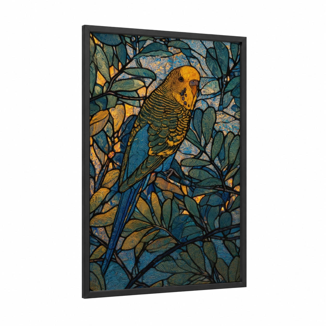 Golden Budgerigar framed budgeridar print — black wood frame — gold and teal palette