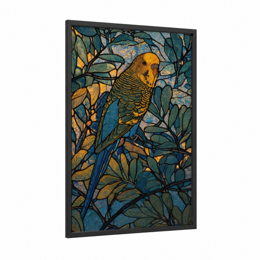 Golden Budgerigar framed budgeridar print — black wood frame — gold and teal palette