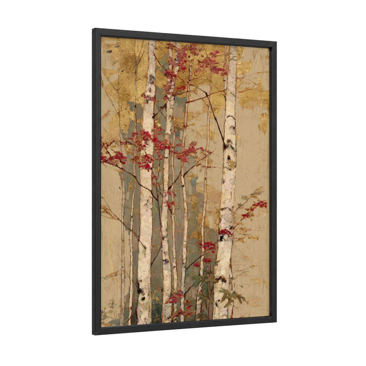 Autumn Birch Forest framed birch tree print — black wood frame — gold and maroon palette
