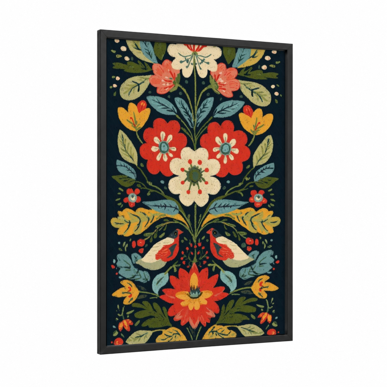 Folklore Orchid framed art print — black wood frame — red and gold palette