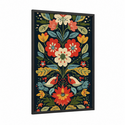 Folklore Orchid framed art print — black wood frame — red and gold palette