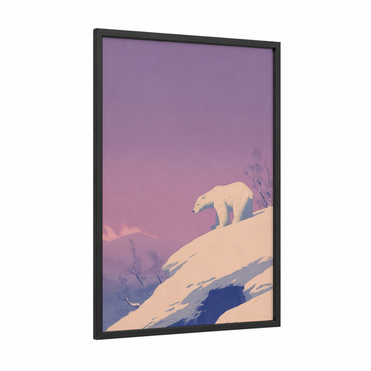Snowy Polar Bear framed art print — black wood frame — lavender and blue palette