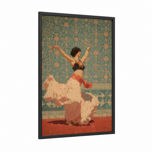 Vintage Belly Dancer framed art print — black wood frame — teal palette