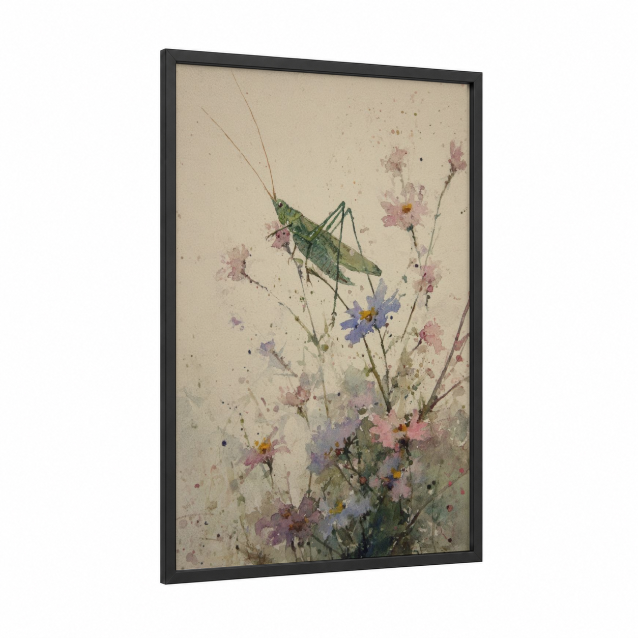 Garden Grasshopper framed art print — black wood frame — cream and light green palette