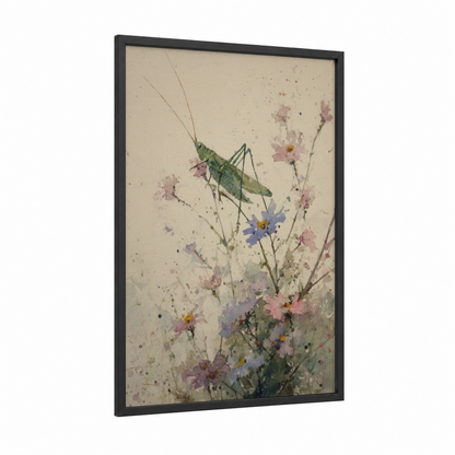 Garden Grasshopper framed art print — black wood frame — cream and light green palette