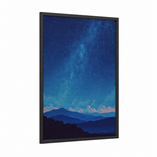 Milky Way Mountains framed galaxy print — black wood frame — dark blue and blue and white palette