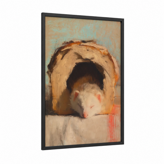 Curious Ferret Burrow framed art print — black wood frame — peach and brown palette