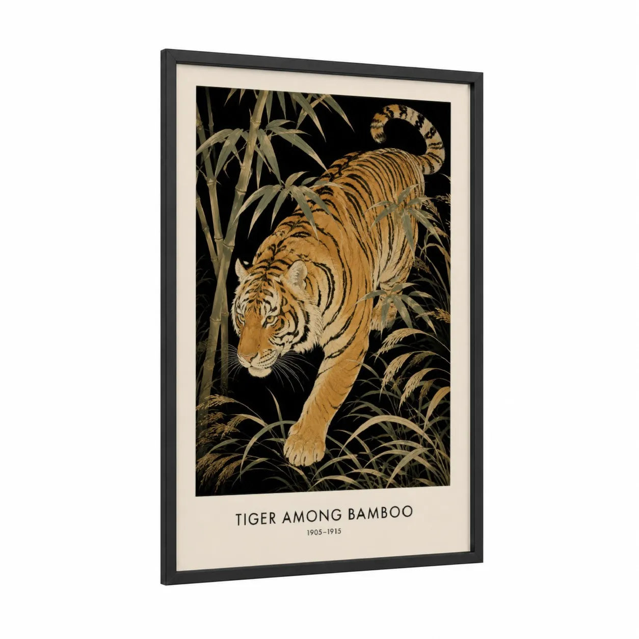 Tiger Among Bamboo Japanese Wall Art framed art print — black wood frame — gold and black palette