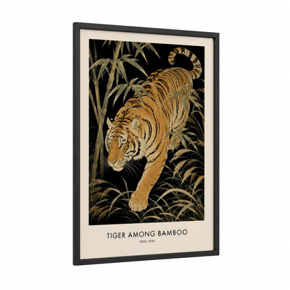 Tiger Among Bamboo Japanese Wall Art framed art print — black wood frame — gold and black palette