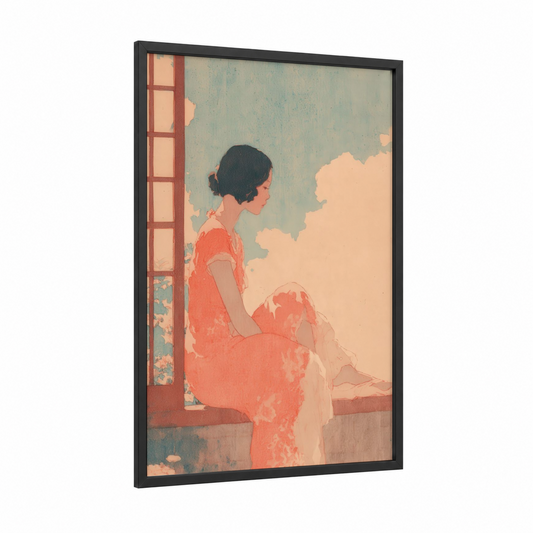 Crimson Window Dream framed retro fashion print — black wood frame — peach and dove gray palette