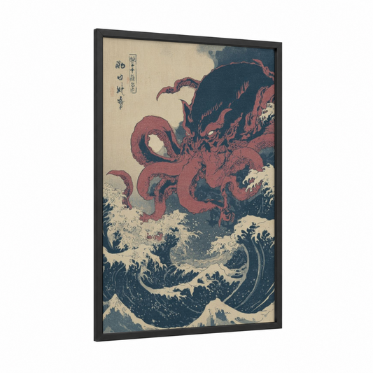 Ocean Cthulhu framed art print — black wood frame — dark blue and russet palette