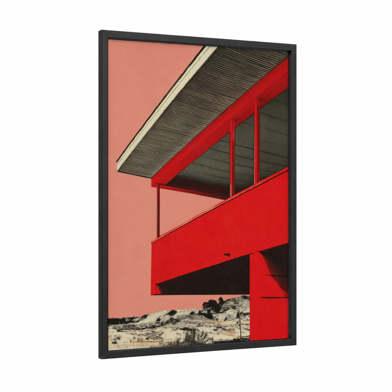 Red Modernist Shelter framed abstract architecture print — black wood frame — red and black and white palette