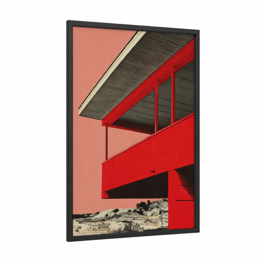 Red Modernist Shelter framed abstract architecture print — black wood frame — red and black and white palette