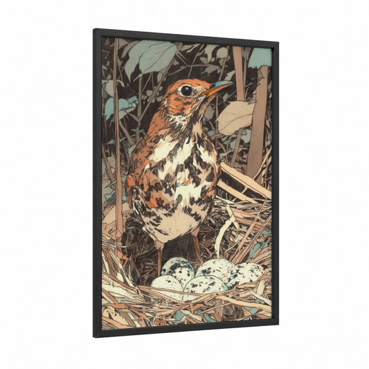 Nesting Thrush framed art print — black wood frame — russet and sage green palette