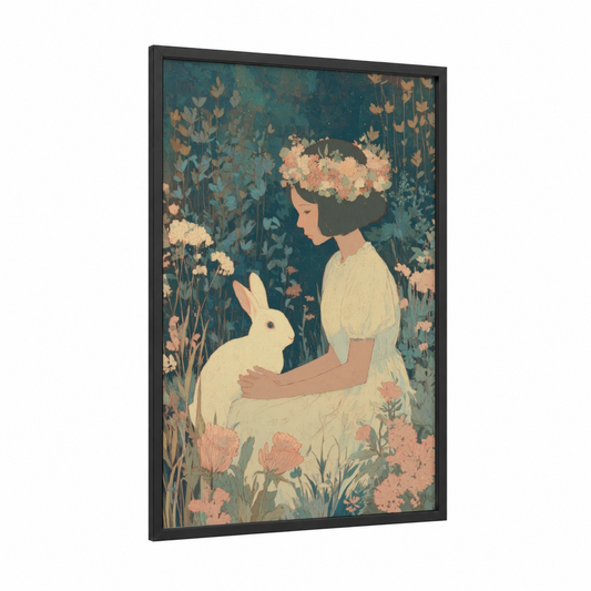 Garden Rabbit Bloom framed kids animals print — black wood frame — teal and peach palette