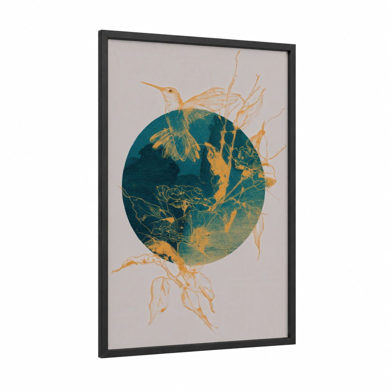Golden Hummingbird framed art print — black wood frame — teal and gold palette