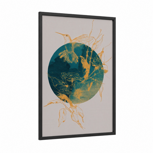 Golden Hummingbird framed art print — black wood frame — teal and gold palette
