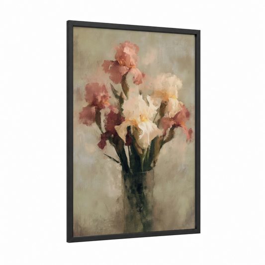 Vintage Iris Bouquet framed art print — black wood frame — sage green and cream palette