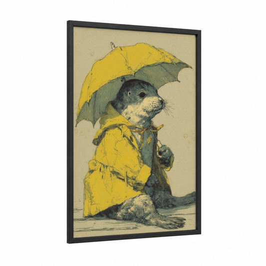 Rainy Day Seal framed art print — black wood frame — yellow and cream palette