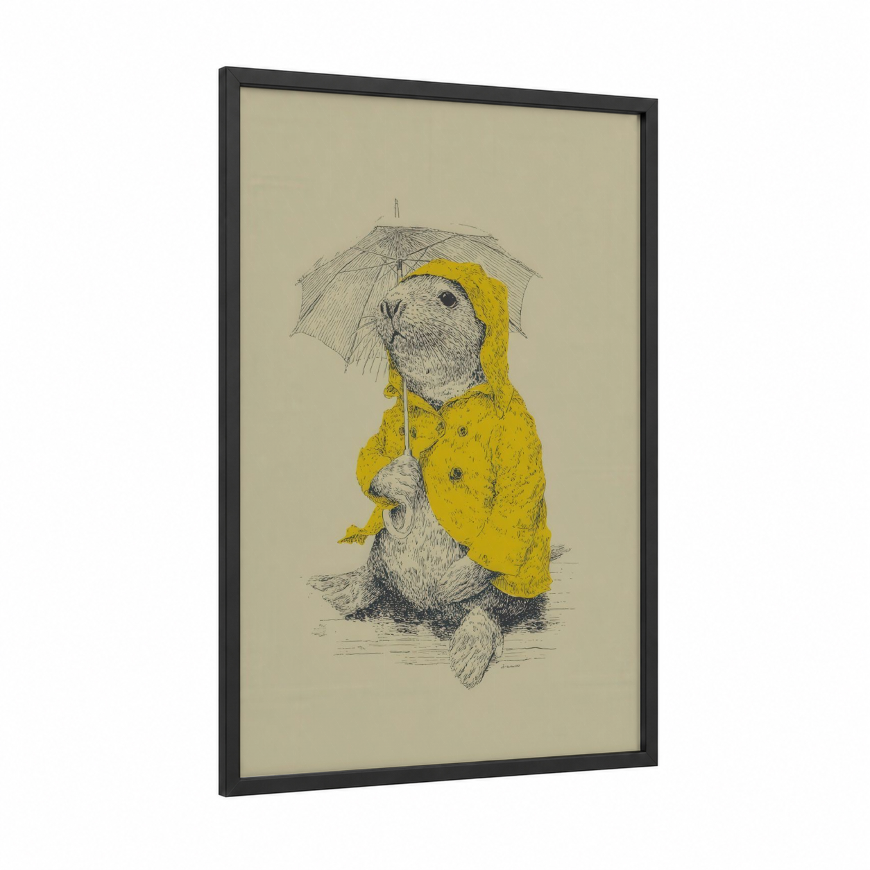 Rainy Day Seal framed art print — black wood frame — yellow gold and cream palette