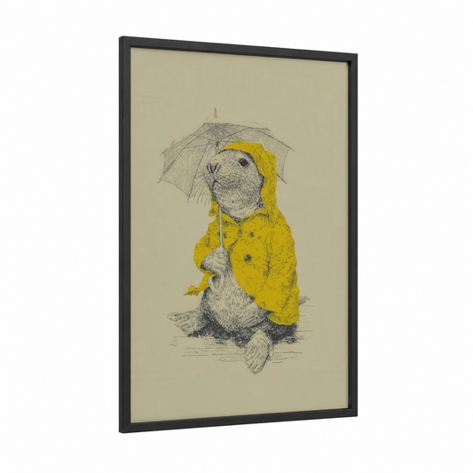 Rainy Day Seal framed art print — black wood frame — yellow gold and cream palette