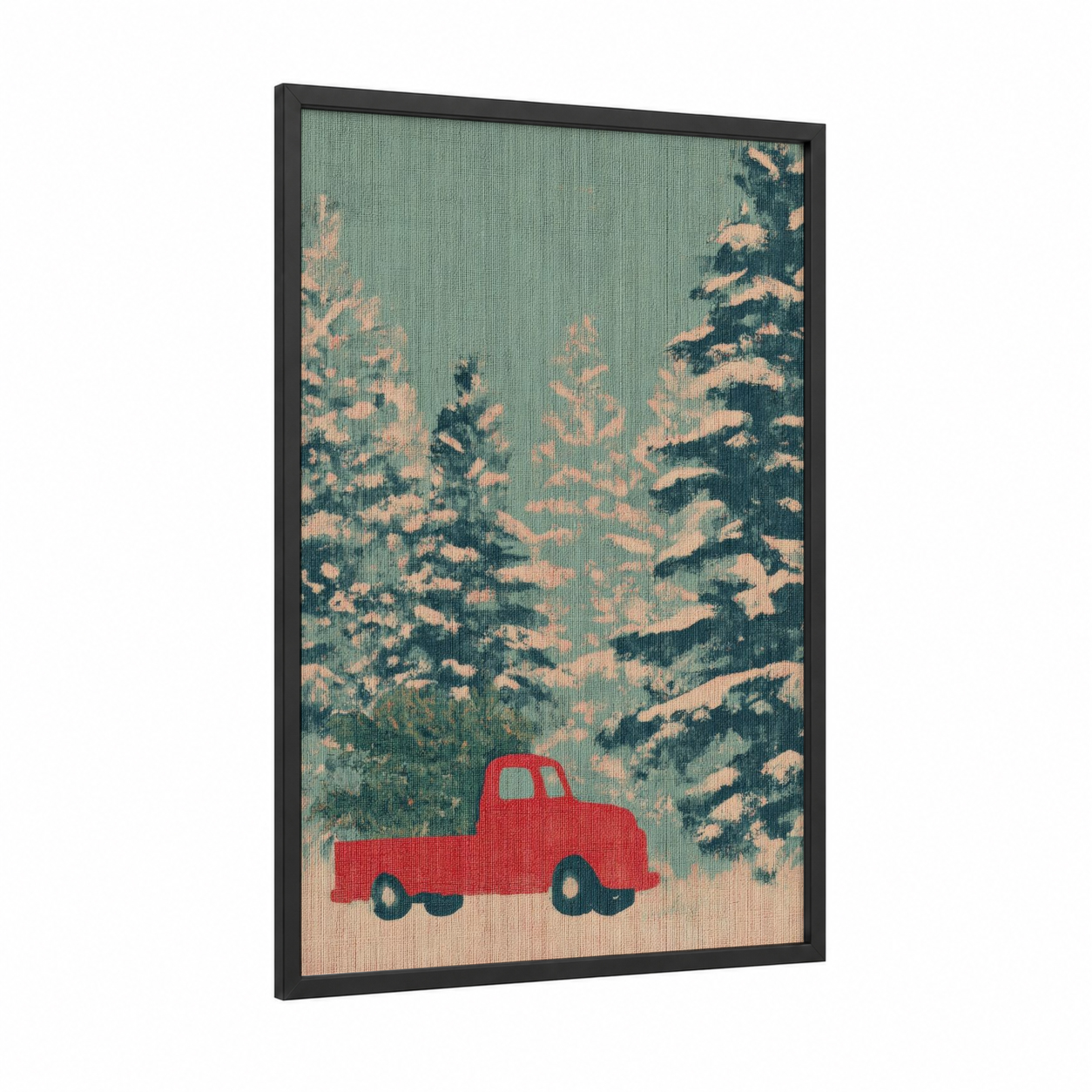 Red Truck Winter framed christmas print — black wood frame — sage green and cream palette