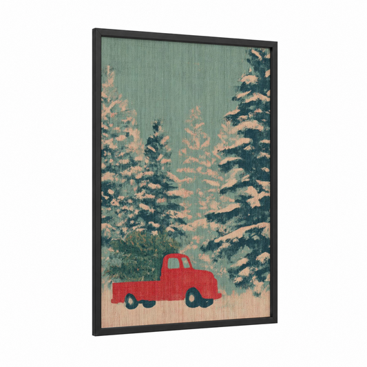 Red Truck Winter framed christmas print — black wood frame — sage green and cream palette