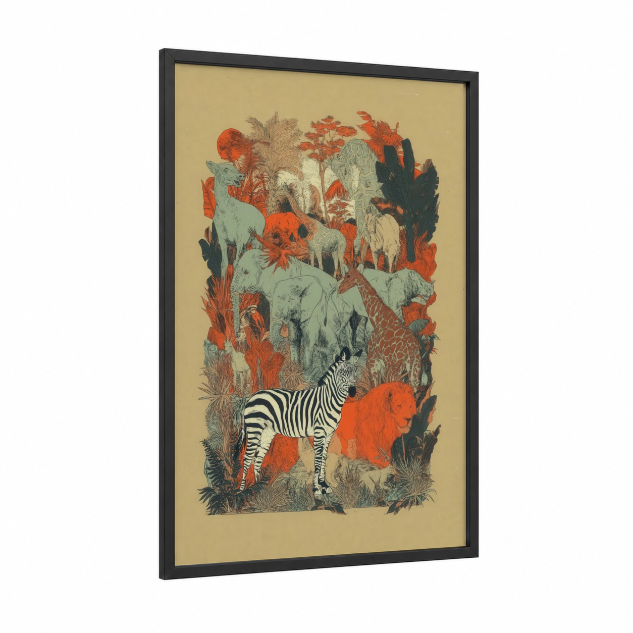 Safari Zebra Gathering framed art print — black wood frame — russet and sage green palette