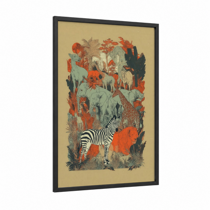 Safari Zebra Gathering framed art print — black wood frame — russet and sage green palette