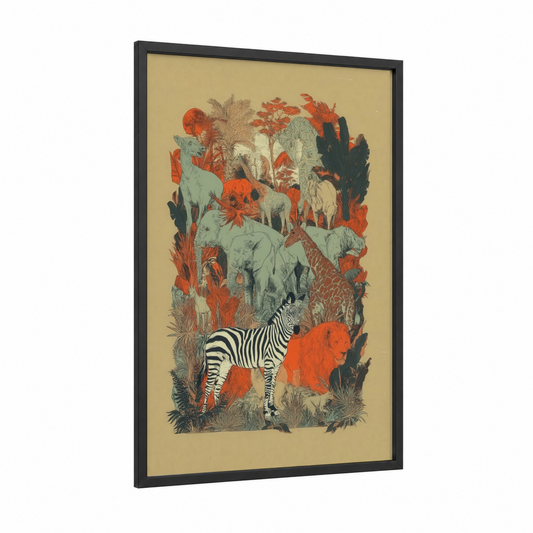 Safari Zebra Gathering framed art print — black wood frame — russet and sage green palette