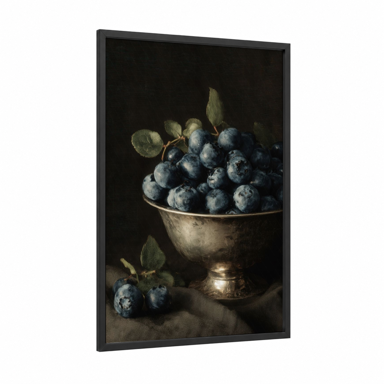 Blueberries Abundance framed fruit print — black wood frame — dark blue and gold and white palette