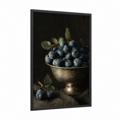 Blueberries Abundance framed fruit print — black wood frame — dark blue and gold and white palette