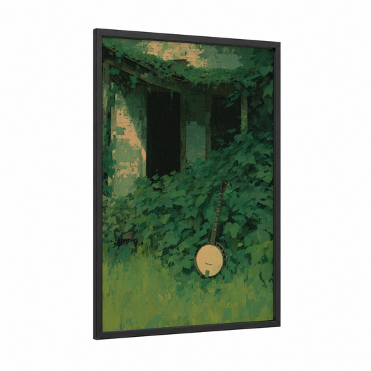 Abandoned Banjo framed art print — black wood frame — green and gold palette