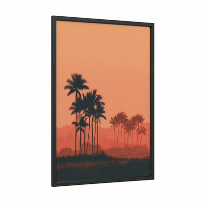 Tropical Sunset Palms framed palm forest print — black wood frame — gold and orange palette