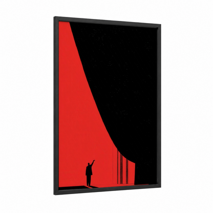 Crimson Theater framed art print — black wood frame — red and black palette