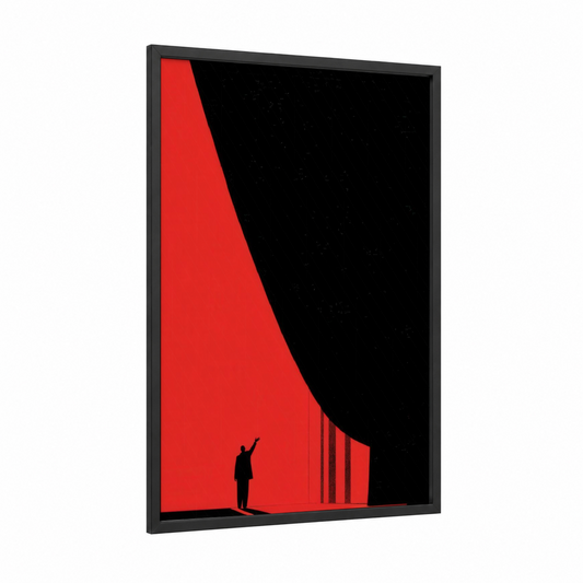 Crimson Theater framed art print — black wood frame — red and black palette