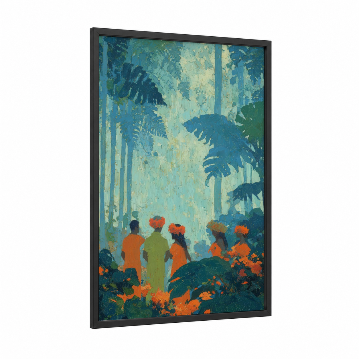 Tropical Hula Dancers framed art print — black wood frame — teal and orange palette
