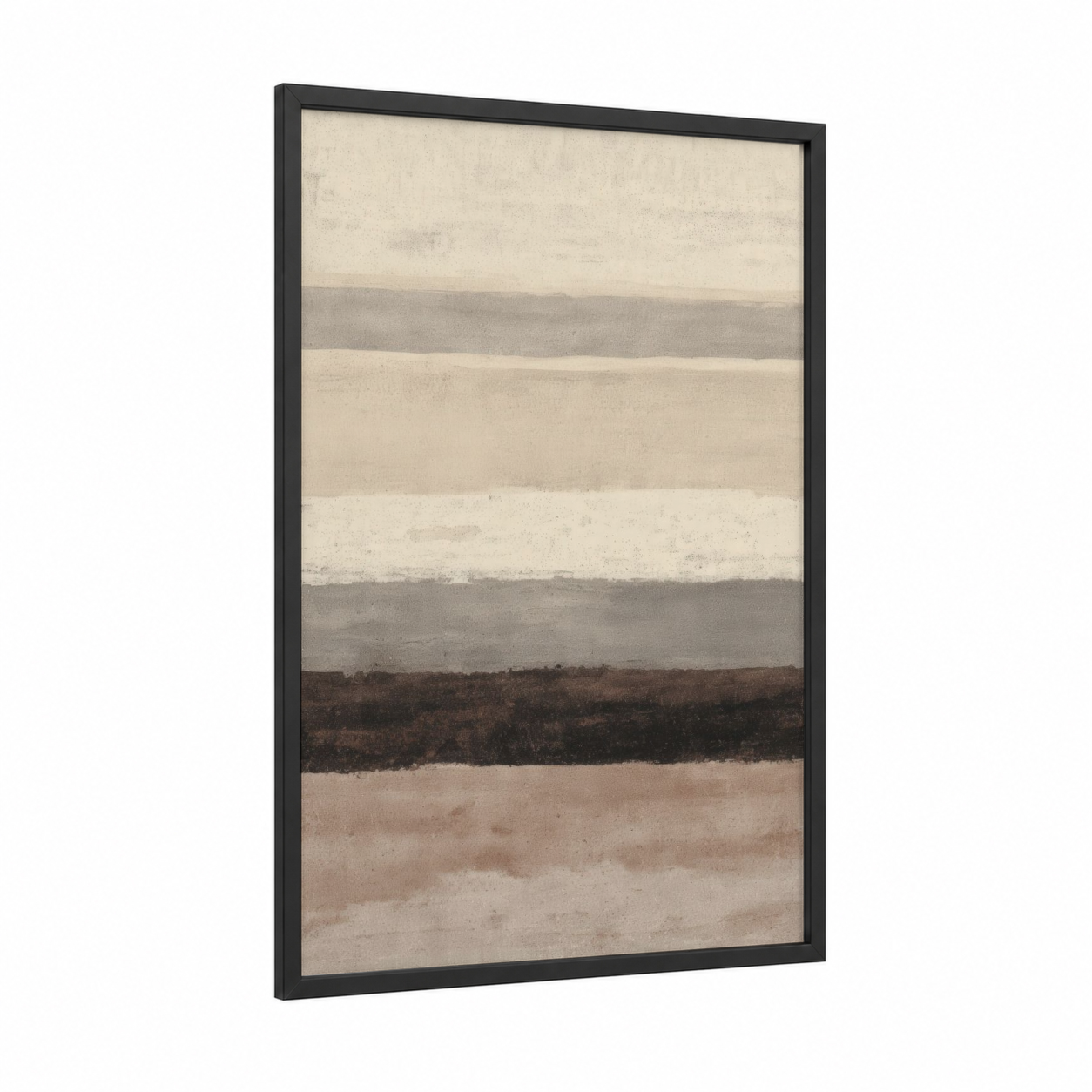 Earthy Stratum framed abstract minimalist print — black wood frame — beige and gray palette