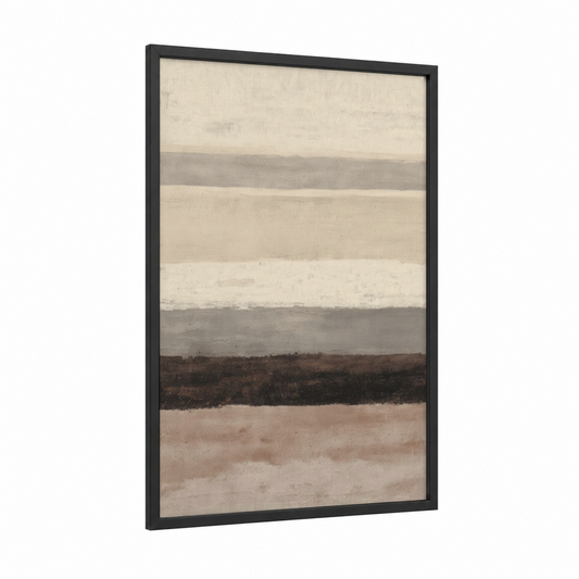 Earthy Stratum framed abstract minimalist print — black wood frame — beige and gray palette