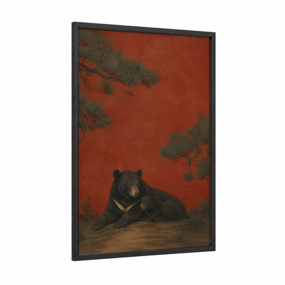 Asian Bears Pine Forest Wall Art framed art print — black wood frame — red and espresso palette