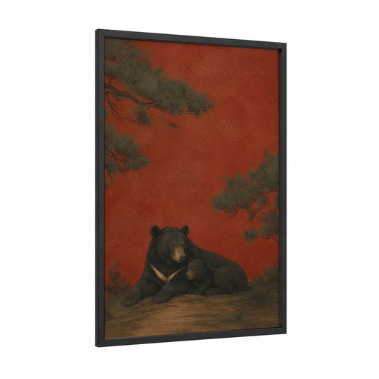 Asian Bears Pine Forest Wall Art framed art print — black wood frame — red and espresso palette
