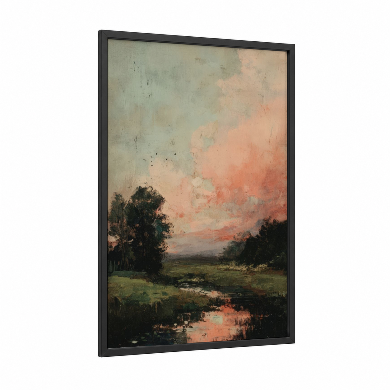 Crimson Vineyard Dusk framed vineyards print — black wood frame — peach and sage green palette