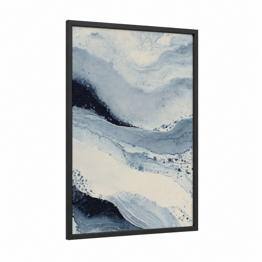 Frozen Cascade framed ice skating print — black wood frame — blue and white and gray palette
