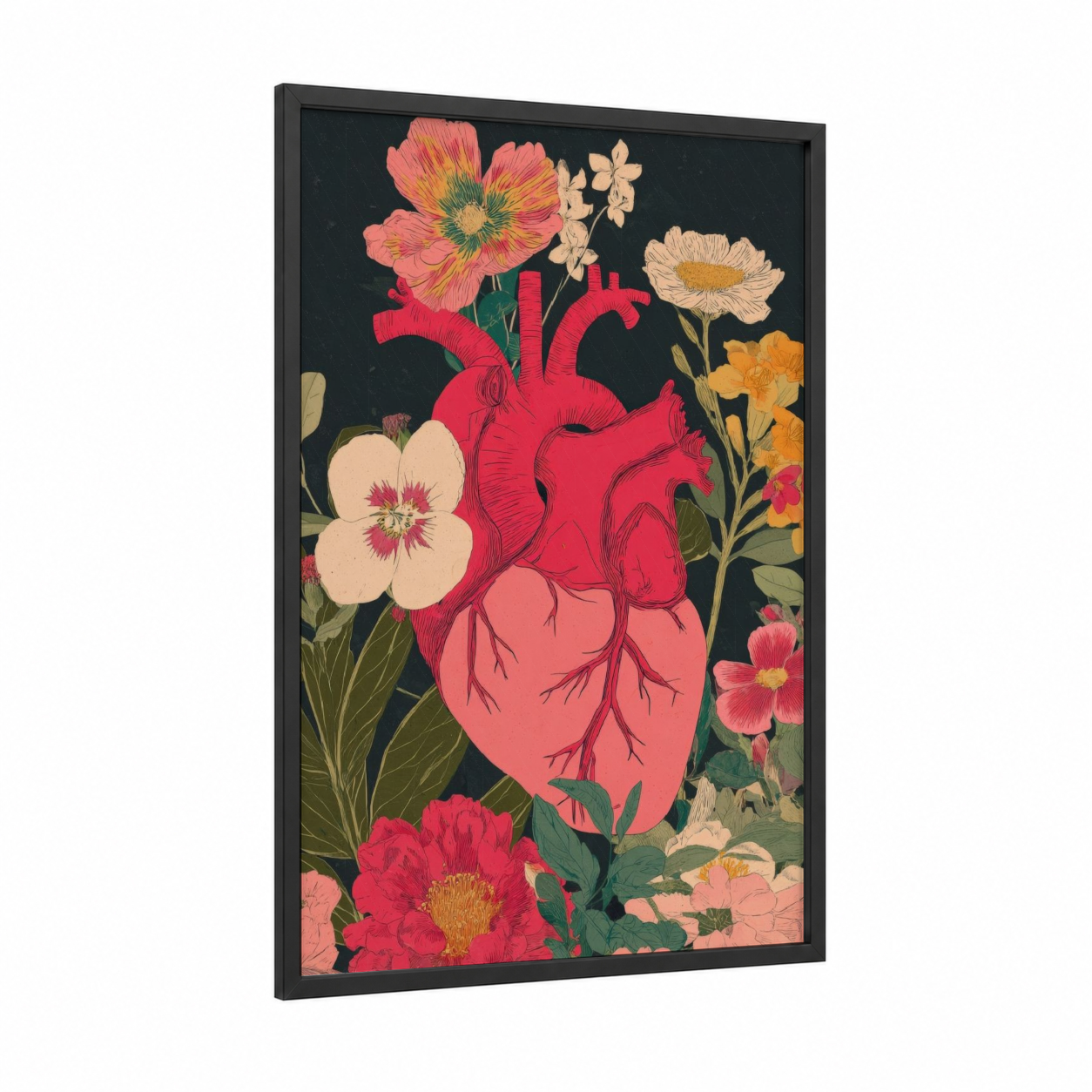 Anatomical Heart Romance framed valentine's day print — black wood frame — red and gold palette